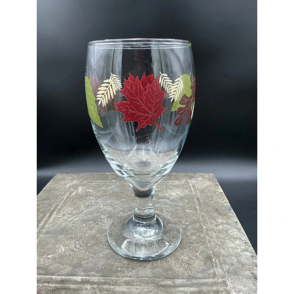 Vintage Fall Autumn Leaves Footed Iced Tea Glass Water Goblet Thanksgiving Decor